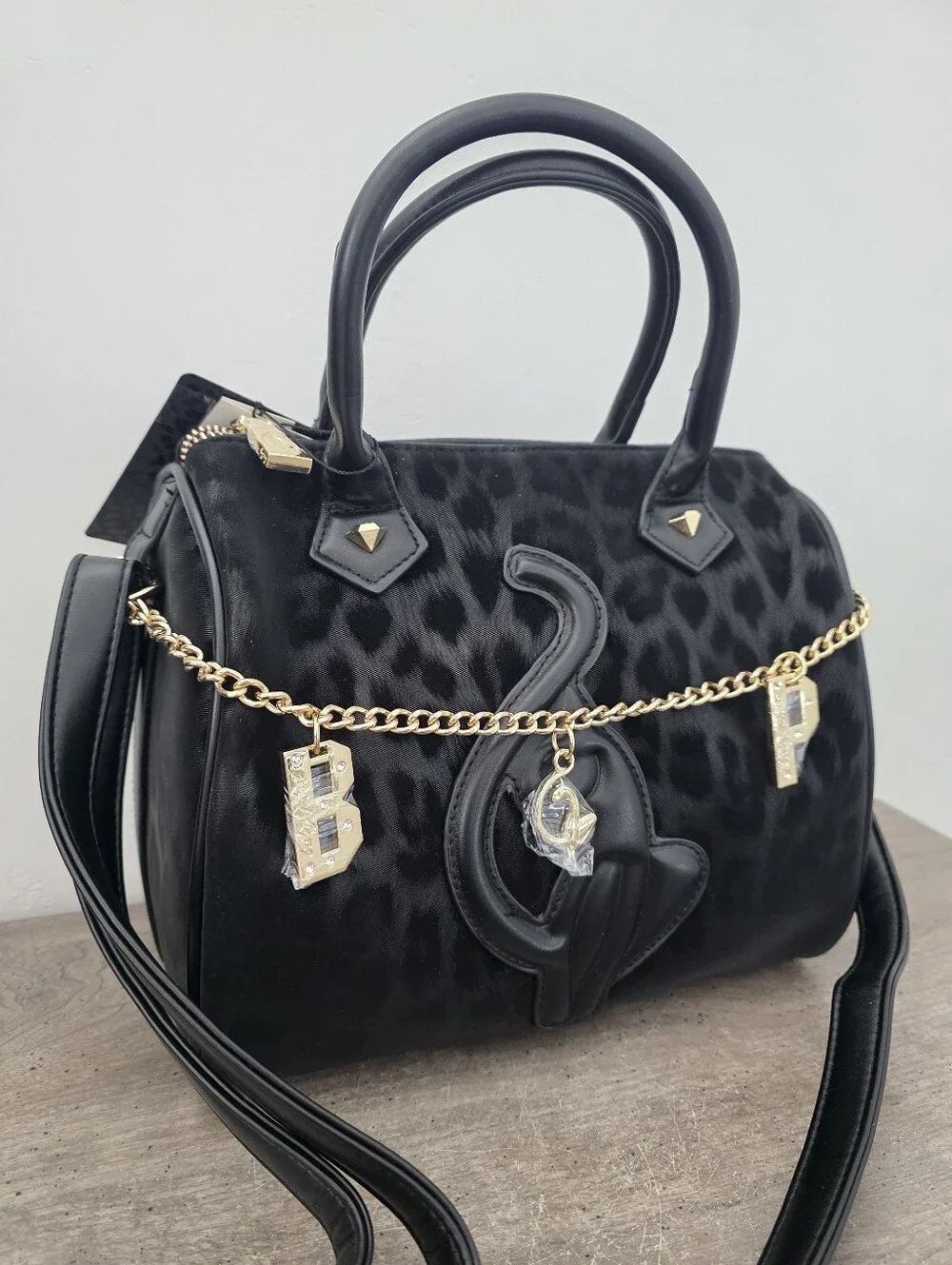 Baby Phat Black Leopard Print Satchel Handbag with Charm Viral TikTok